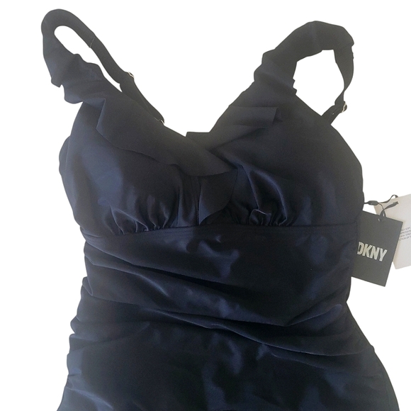 DKNY Black Ruffle Plunge Underwire Tummy Control 50 UPF One Piece Swimsuit NWT - Picture 5 of 7